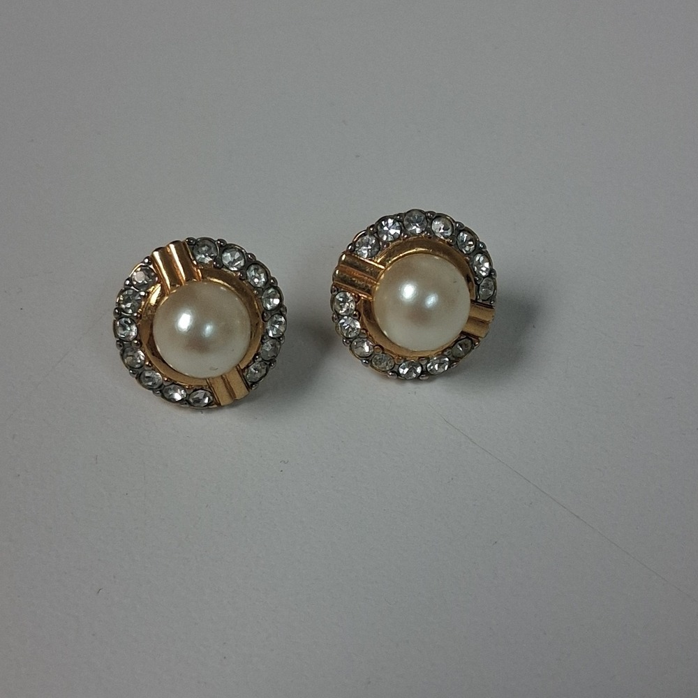 Vintage‎ Faux Pearl Rhinestone Stud Earrings Gold Tone Round Classic Retro Glam